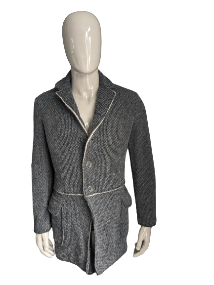 Hans Ubbink Wollen mantel / jas. Grijs voelbaar motief. Warm gevoerd. Maat 48 / M. 70% Wol.