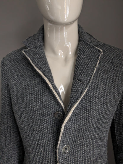 Hans Ubbink Wollen mantel / jas. Grijs voelbaar motief. Warm gevoerd. Maat 48 / M. 70% Wol.