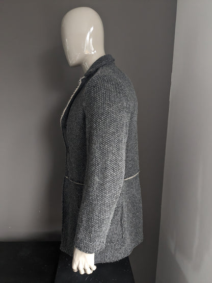 Hans Ubbink Wollen mantel / jas. Grijs voelbaar motief. Warm gevoerd. Maat 48 / M. 70% Wol.