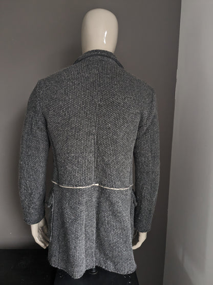 Hans Ubbink Wollen mantel / jas. Grijs voelbaar motief. Warm gevoerd. Maat 48 / M. 70% Wol.