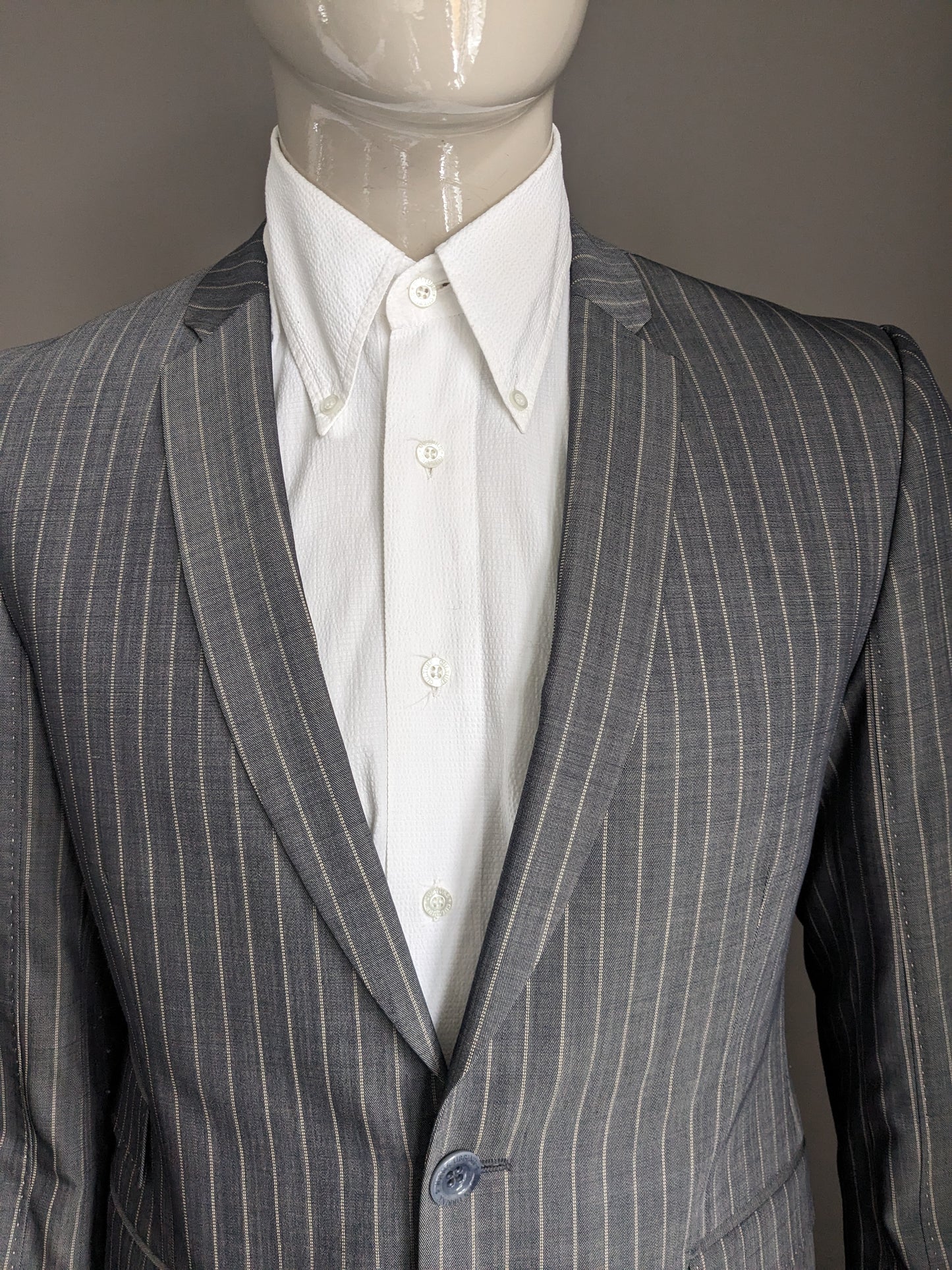Veste en laine Hans Ubbink. Gris Beige rayé. Taille 52/L.