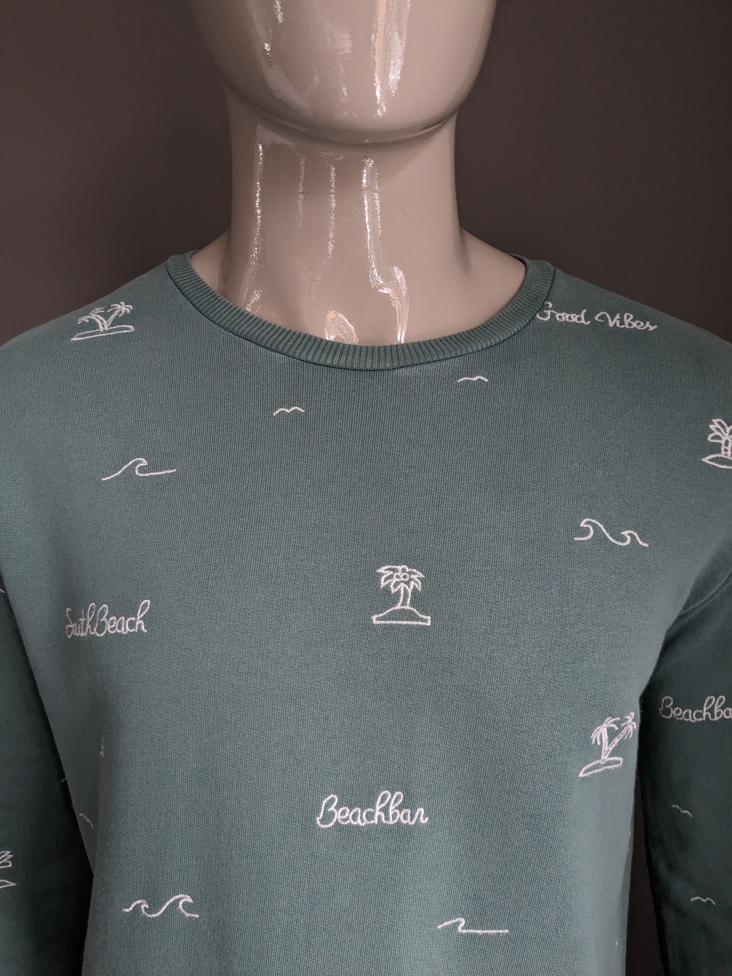 Cultivez le pull. De couleur blanc vert. Taille L.
