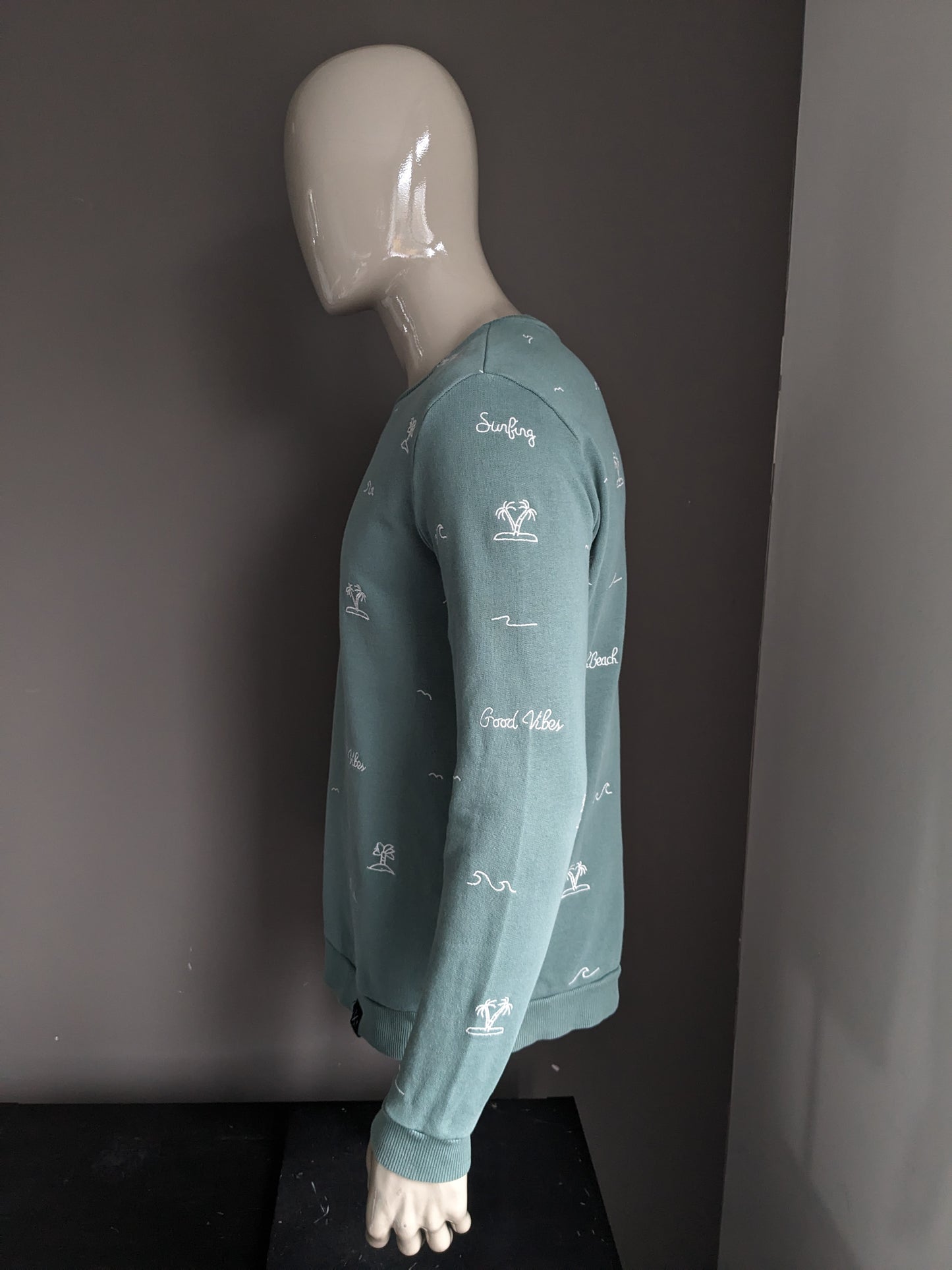 Cultivez le pull. De couleur blanc vert. Taille L.