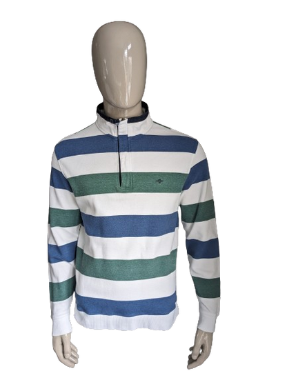 Pull Baileys avec fermeture éclair. Rayé bleu vert blanc. Taille XL.
