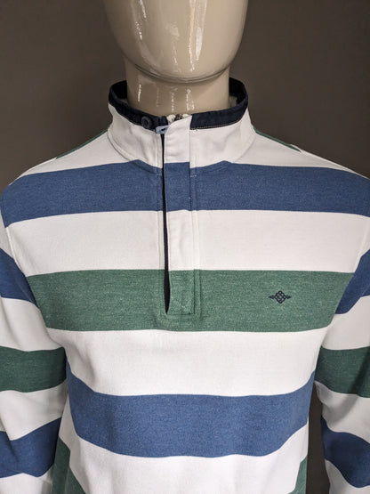 Pull Baileys avec fermeture éclair. Rayé bleu vert blanc. Taille XL.