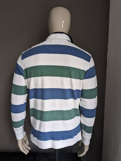 Pull Baileys avec fermeture éclair. Rayé bleu vert blanc. Taille XL.
