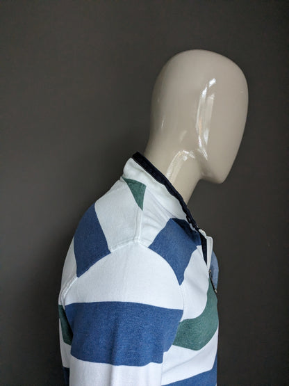 Pull Baileys avec fermeture éclair. Rayé bleu vert blanc. Taille XL.