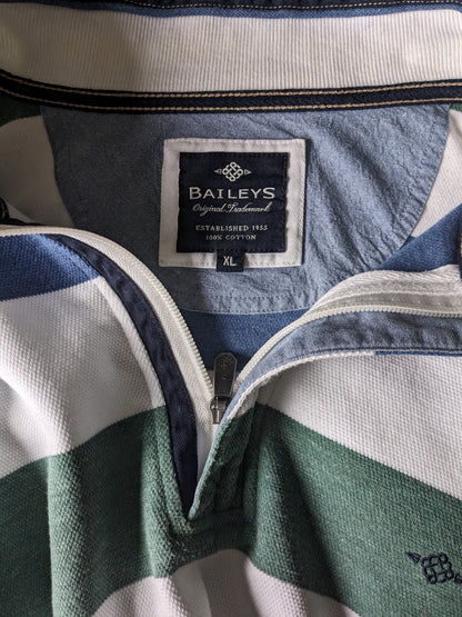 Pull Baileys avec fermeture éclair. Rayé bleu vert blanc. Taille XL.
