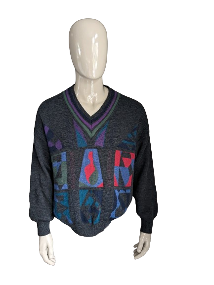 Vintage Paco Calvari Wollpullover mit V-Ausschnitt. Grau Grün Lila Rot Blau gefärbt. Größe L. (50 % Wolle)