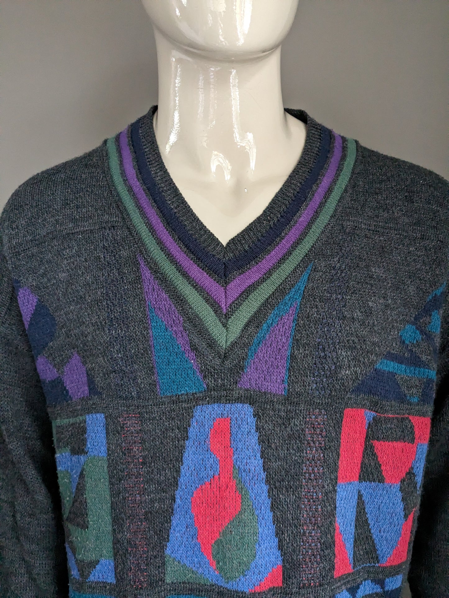 Vintage Paco Calvari Wolle-Pullover mit V-Ausschnitt. Grau grün lila rot blau gefärbt. Größe L. (50% Wolle)