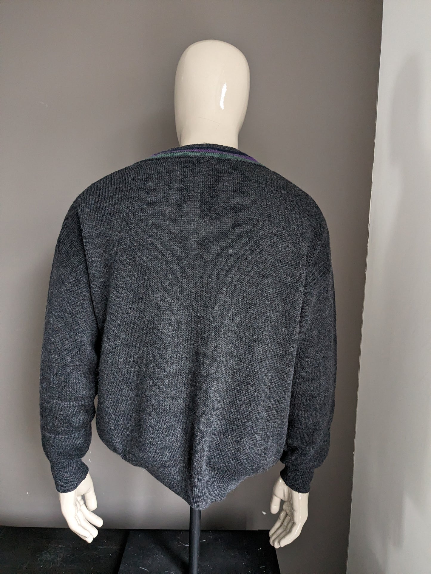 Vintage paco calvari wool sweater with v-neck. Gray Green Purple Red Blue colored. Size L. (50% wool)