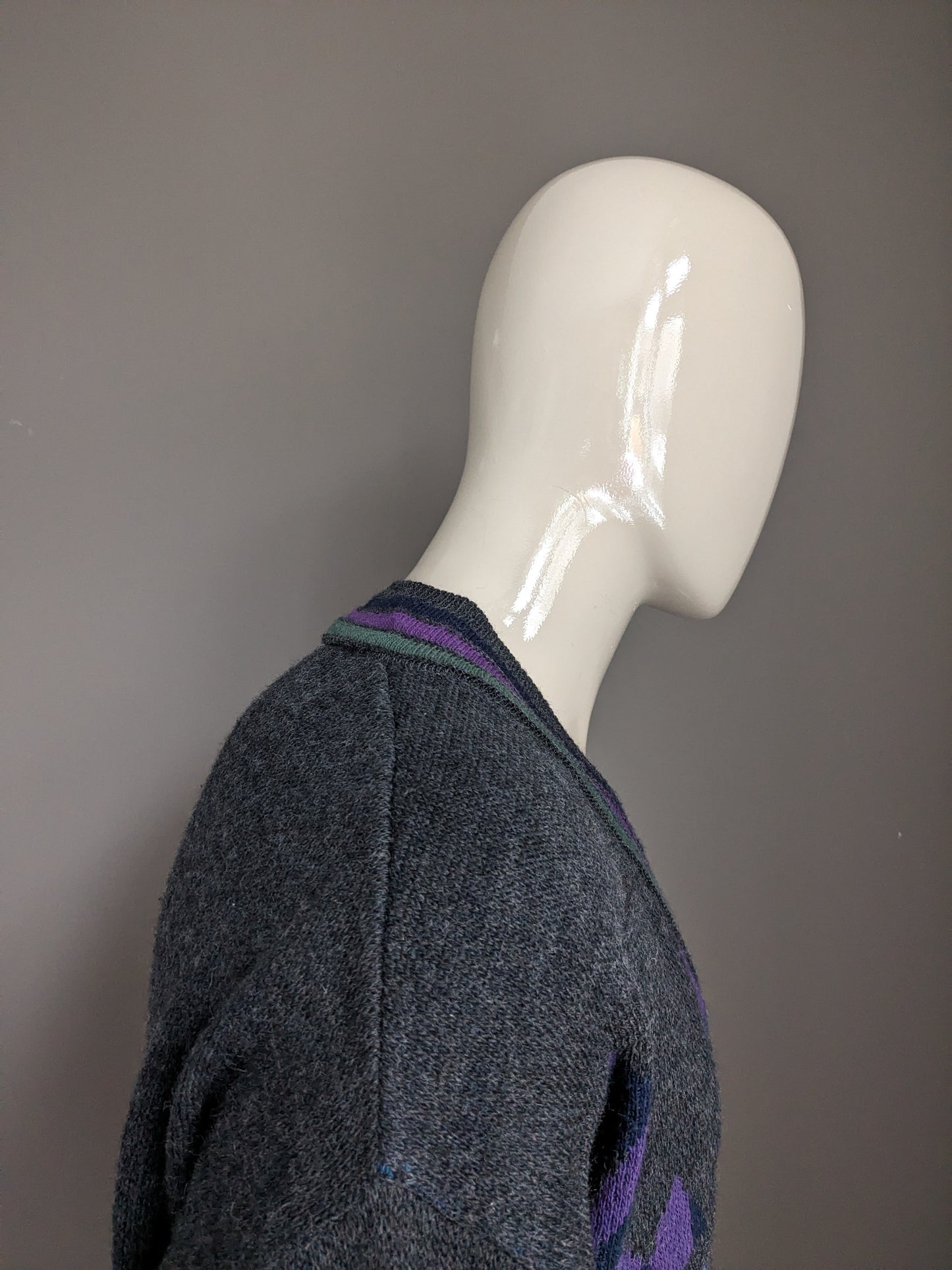 Pull en laine Paco Calvari vintage avec col en V. Green vert violet rouge bleu coloré. Taille L. (50% de laine)