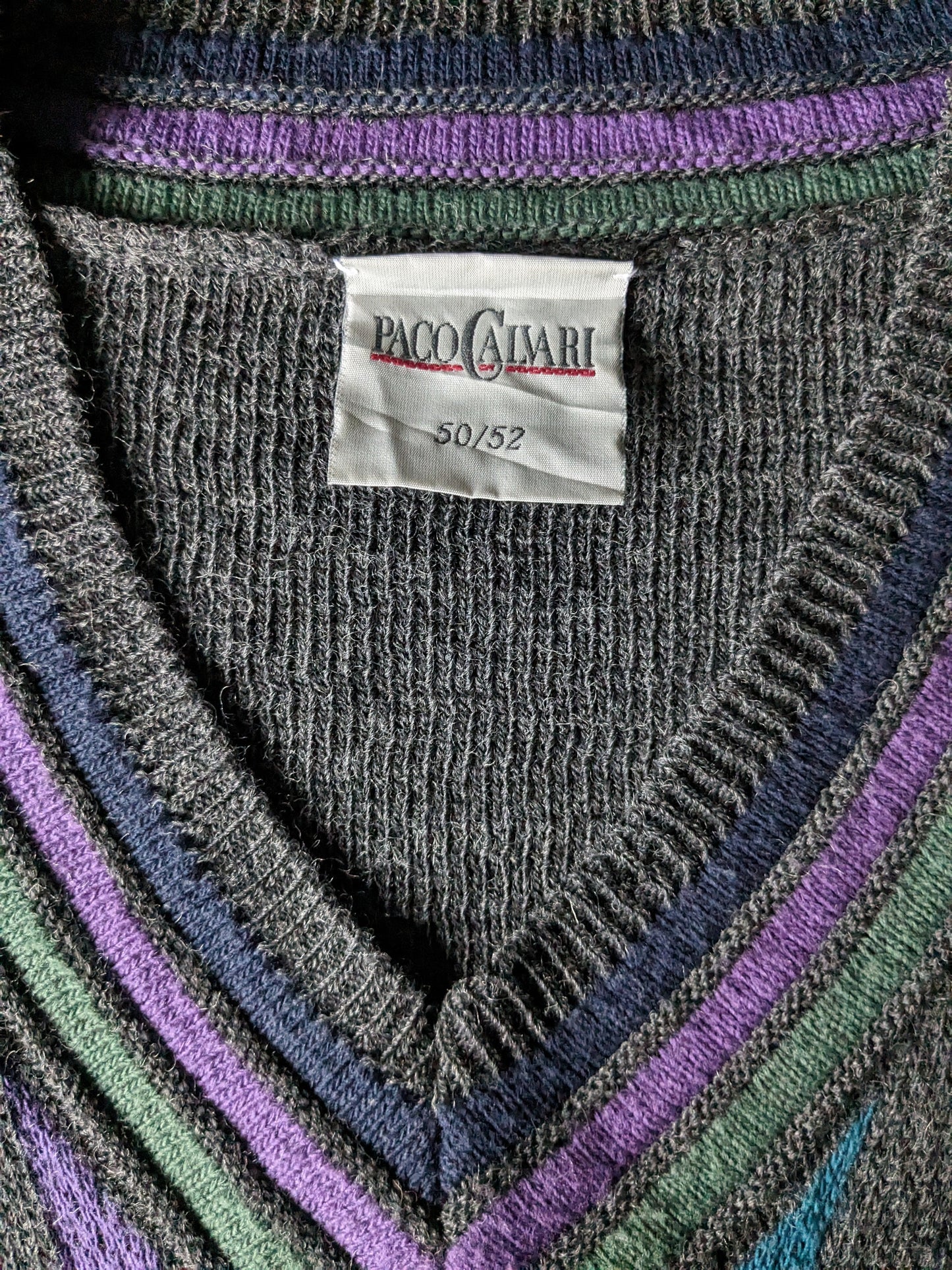 Vintage Paco Calvari Wollen trui met V-hals. Grijs Groen Paars Rood Blauw gekleurd. Maat L. (50% wol)