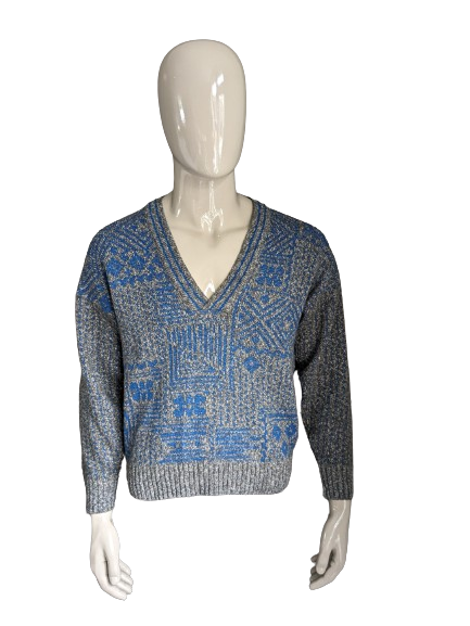 Vintage Massimo Datti Pullover mit V-Ausschnitt. Graublau gefärbt. Größe L. (35 % Wolle)
