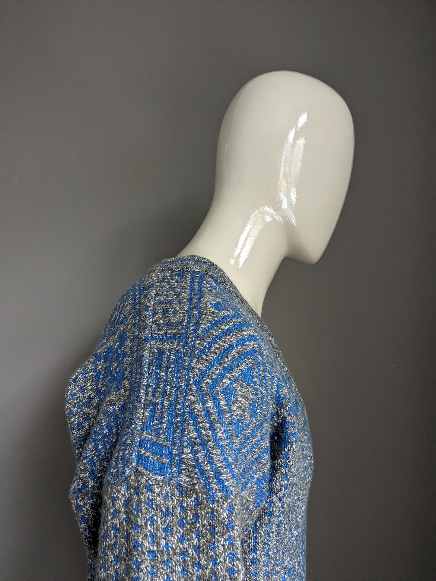 Vintage Massimo Datti trui met V-hals. Grijs Blauw gekleurd. Maat L. (35% wol)