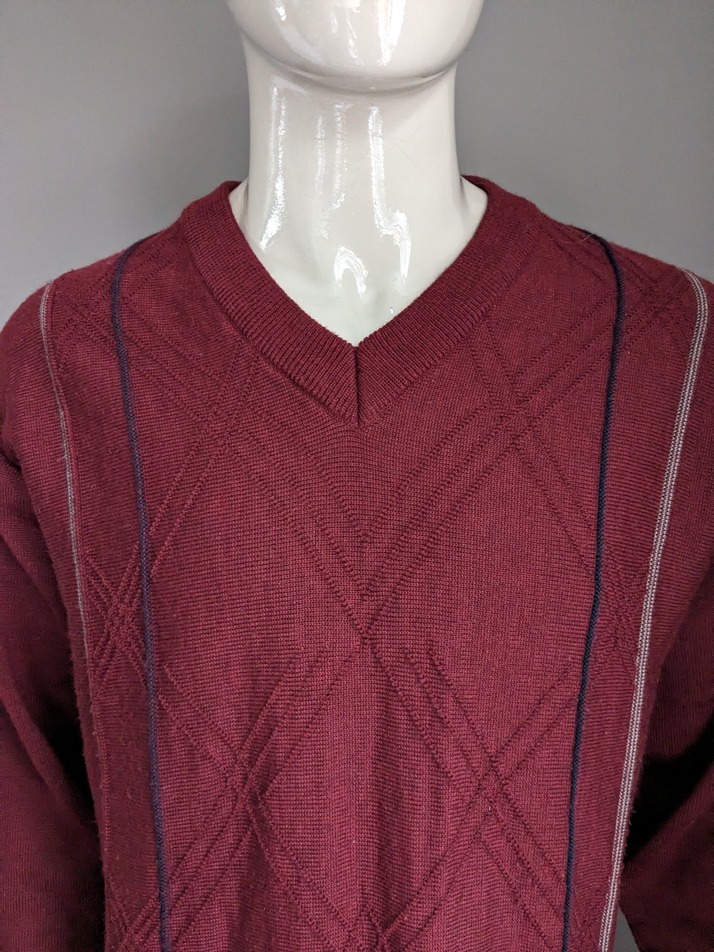 Suéter de lana Vintage Carlo Premera con cuello en V. Burdeos. Talla L.