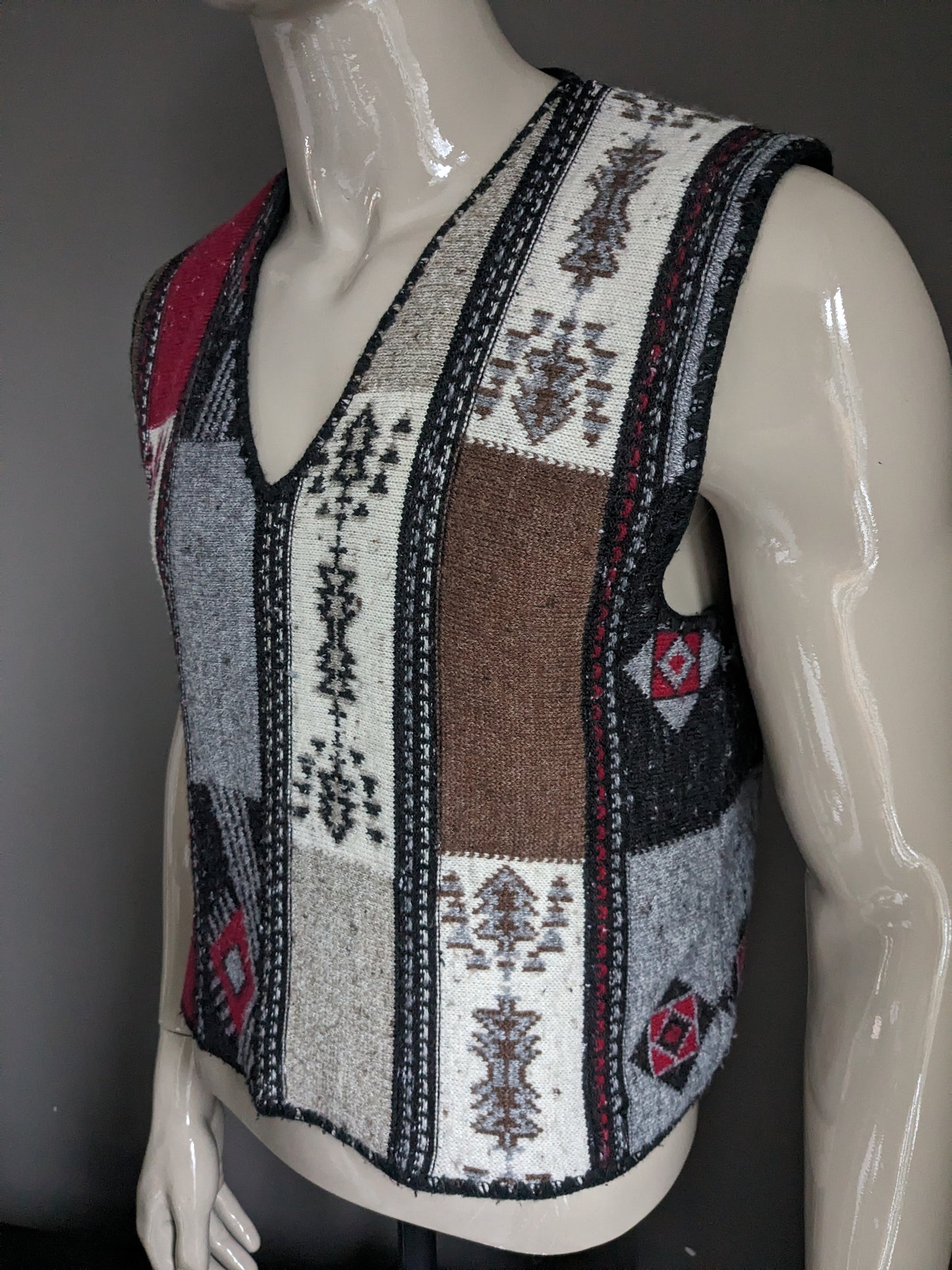 Spencer in lana vintage. Beige rosso grigio marrone colorato. Taglia M.