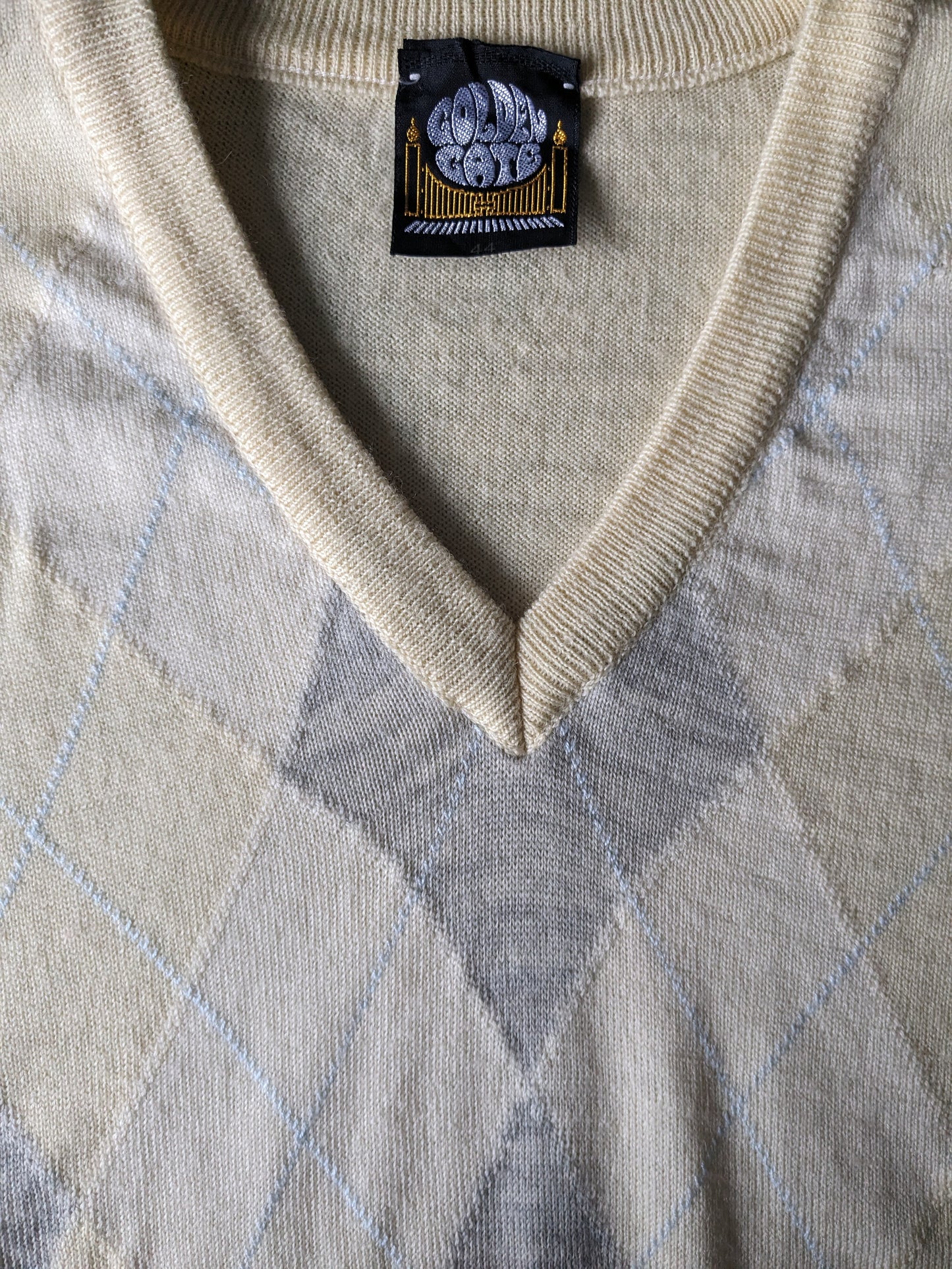 Spencer di lana d'oro d'oro vintage. Motivo Argyle grigio blu giallo. Taglia L.