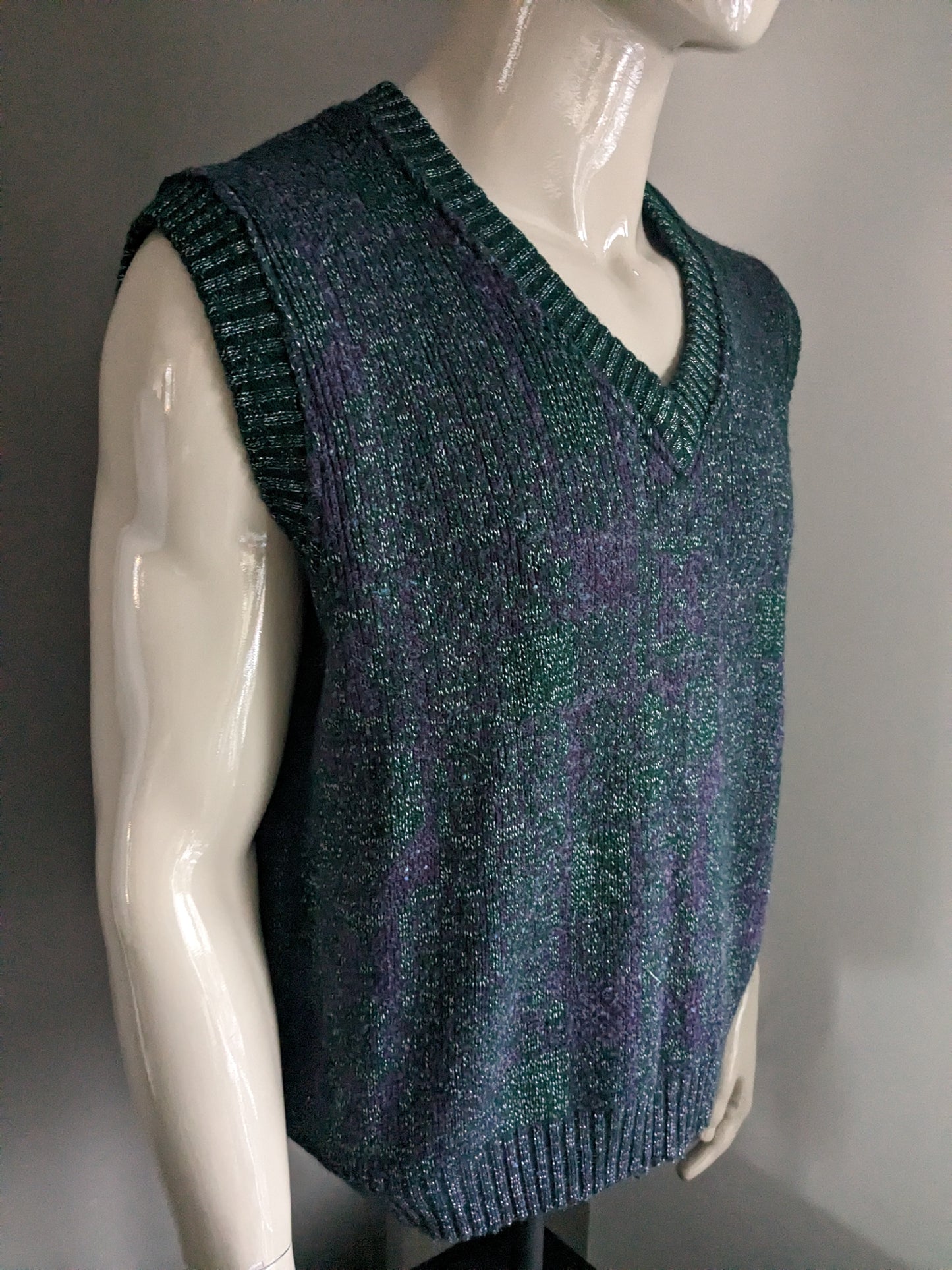 Vintage Guy de Berac spencer. Groen Paars Wit motief. Maat XL.