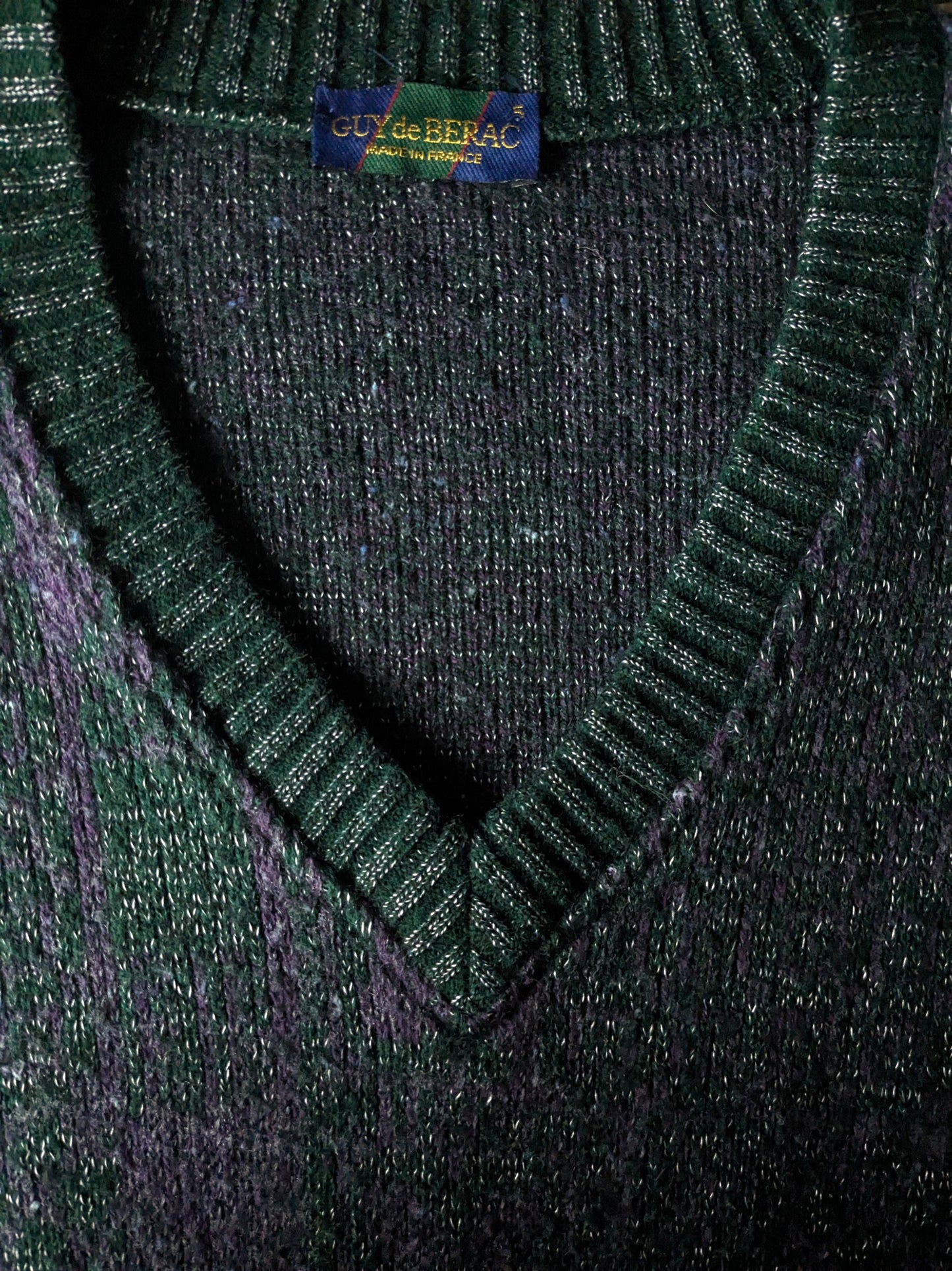 Vintage Guy de Berac Spencer. Green purple white motif. Size XL.