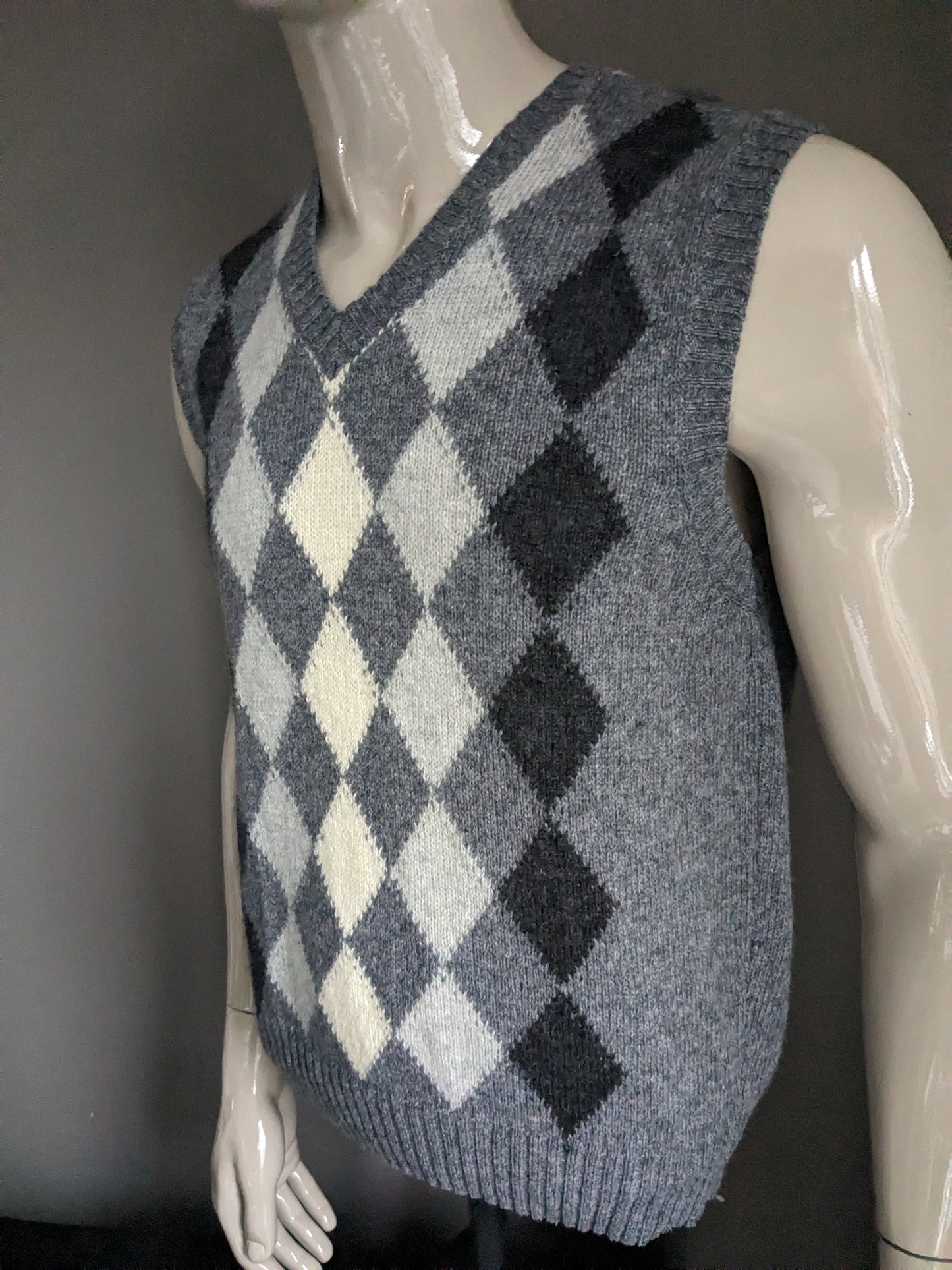 Vintage Hill & Archer Wools Spencer. Motif argyle beige gris. Taille L. 70% de laine.