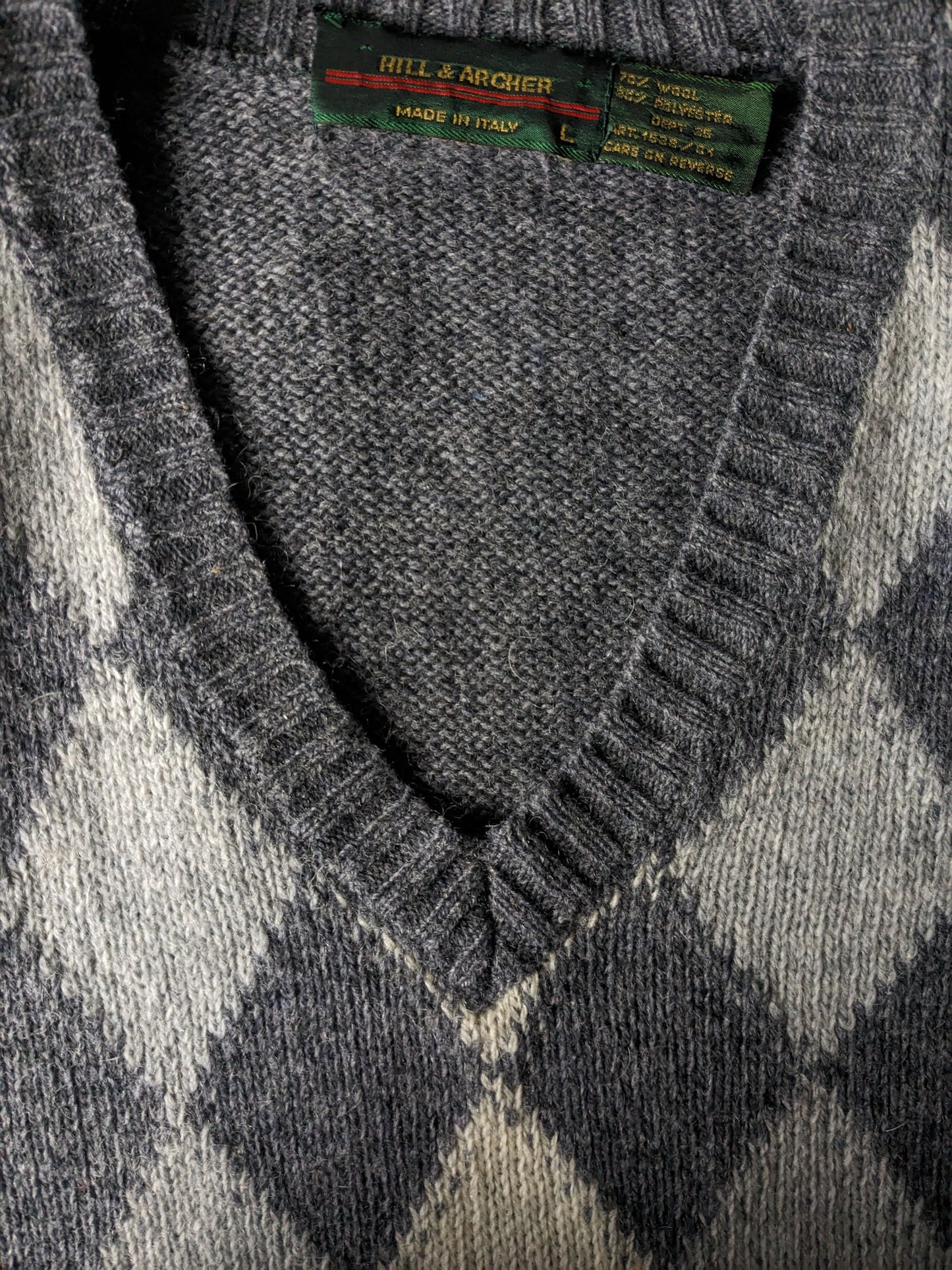 Vintage Hill & Archer Wools Spencer. Motifa Gray Beige Argyle. Tamaño L. 70% de lana.