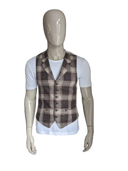 SuitSupply Silk / Linen waistcoat with lapels. Brown Beige Red checked. Size S.