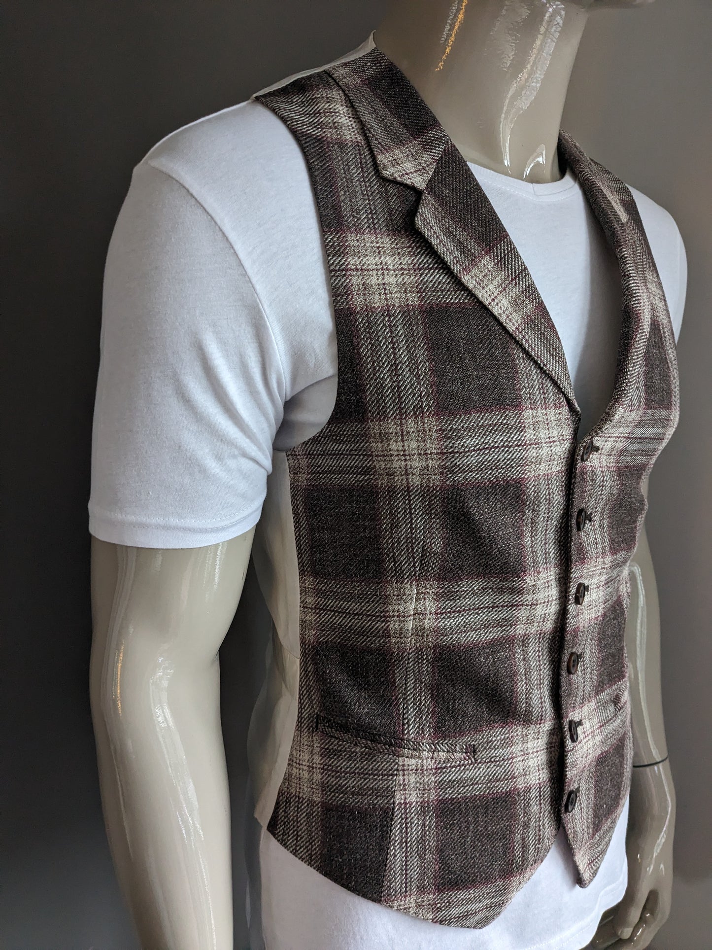 Suitsupply silk / linen waistcoat with lapel. Brown beige red checked. Size S.