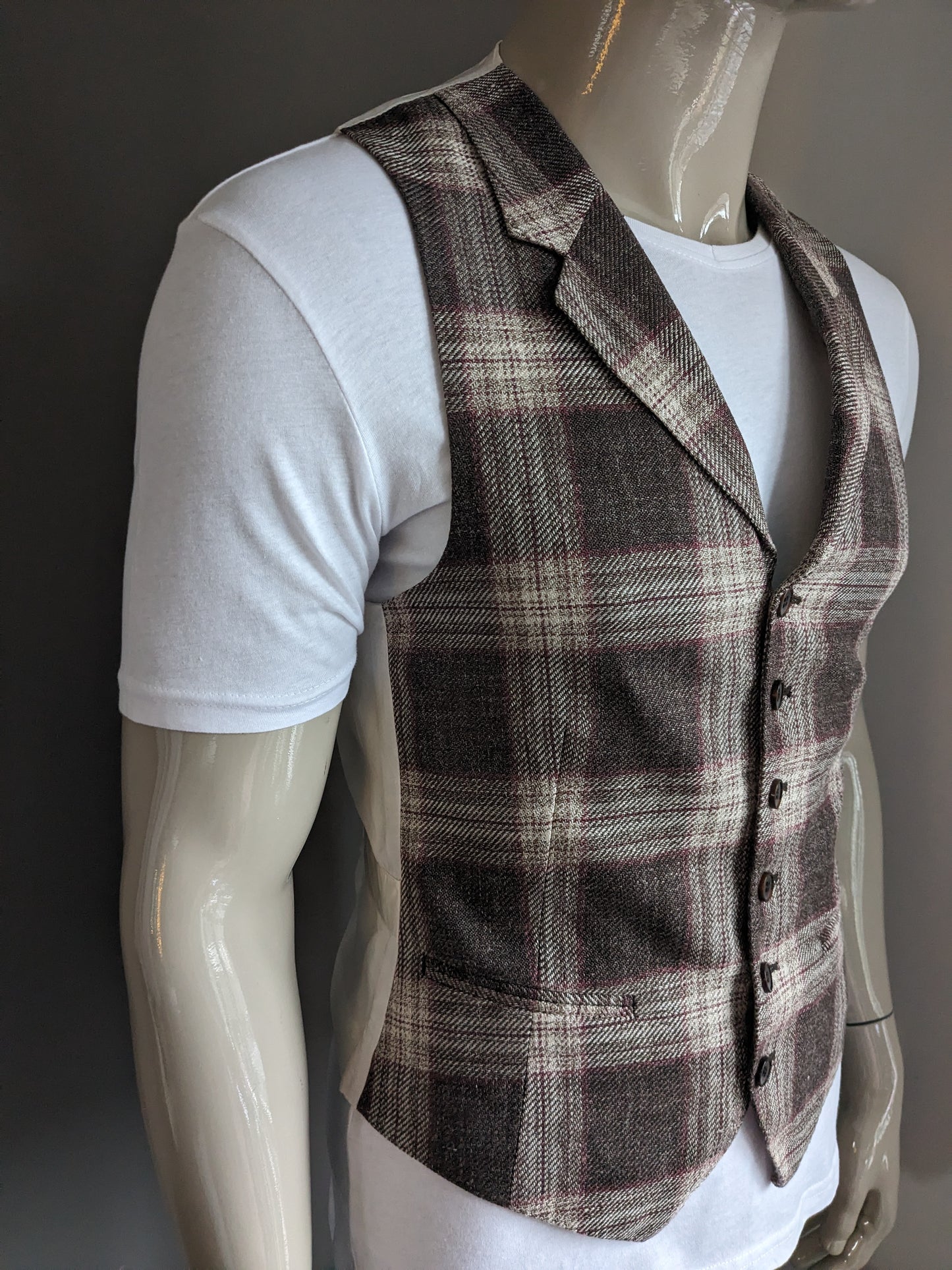 SuitSupply Silk / Linen waistcoat with lapels. Brown Beige Red checked. Size S.