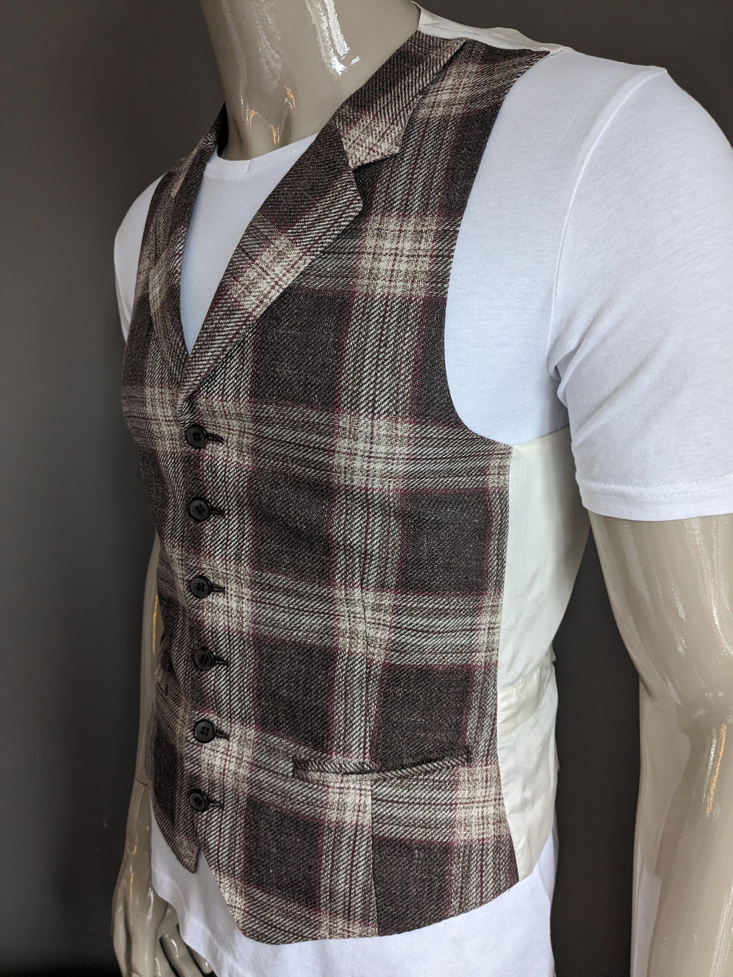 SuitSupply Silk / Linen waistcoat with lapels. Brown Beige Red checked. Size S.