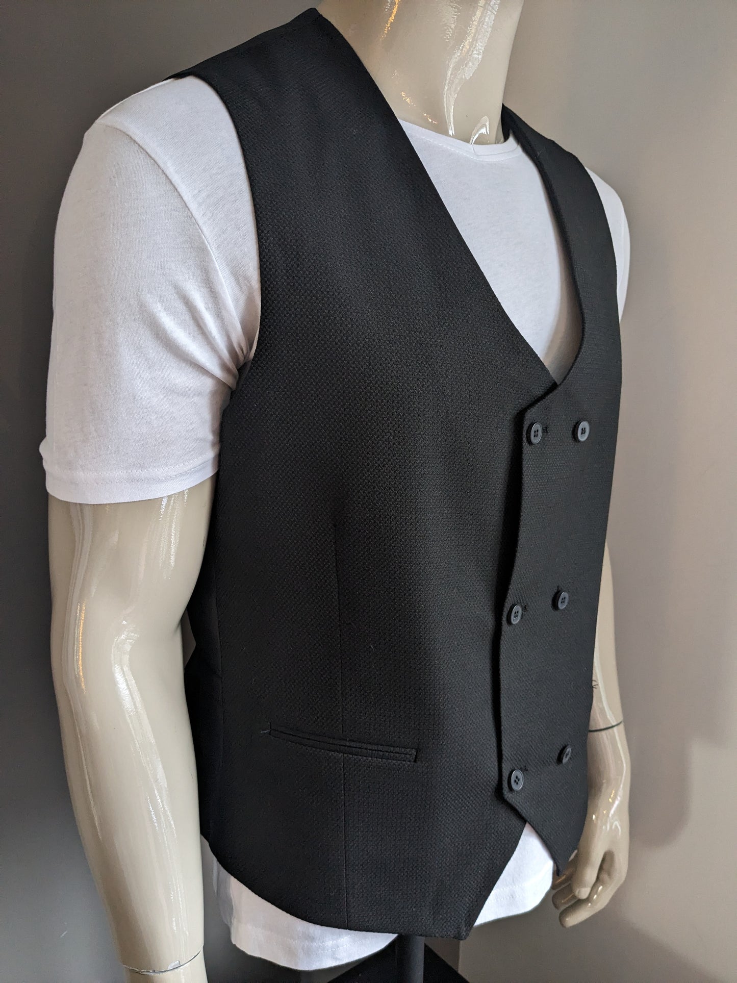 Double Breasted gilet. Zwart motief. Maat XL