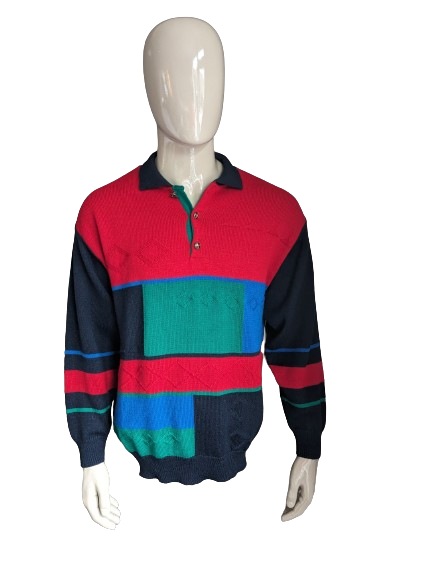 Vintage Pohland Exklusiv Wollen polo trui. Rood Blauw Groen gekleurd. Maat XL. 50% Wol.