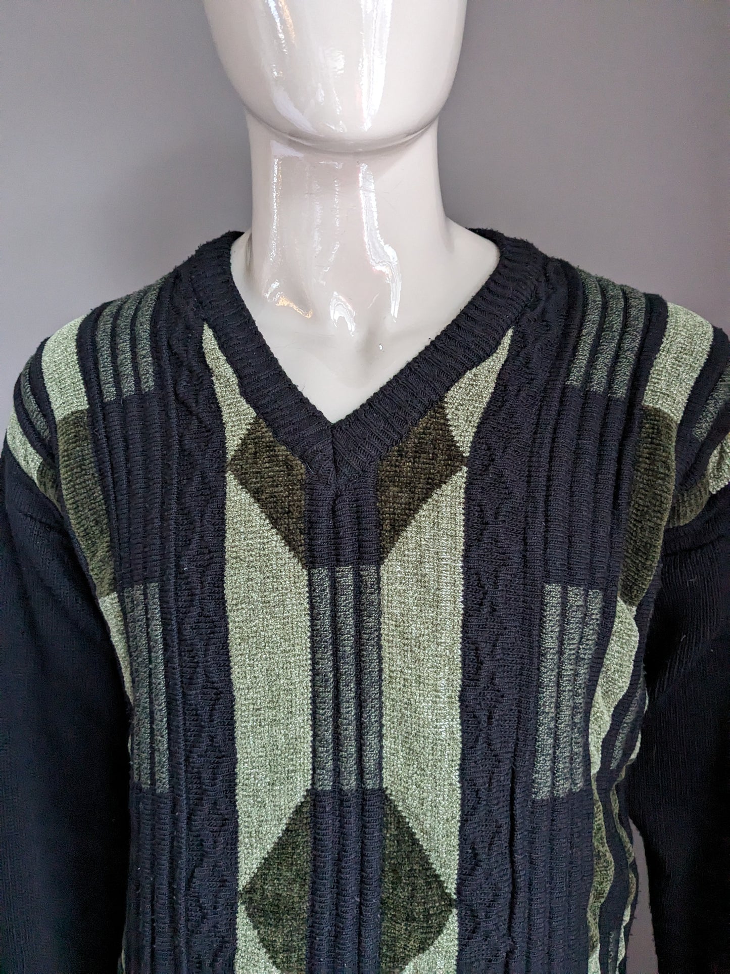 Maglione di lana vintage con scollo a V. Black Green Coloted. Taglia L.