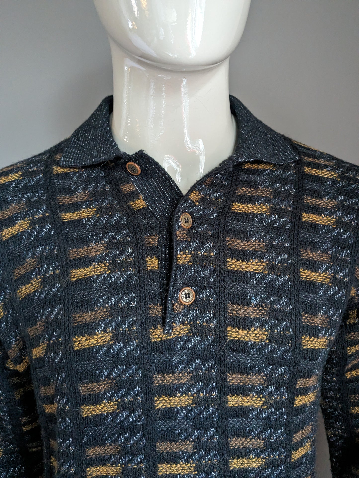 Vintage Monello Wollen polo trui. Zwart Geel Bruin gekleurd. Maat L. 55% Wol.