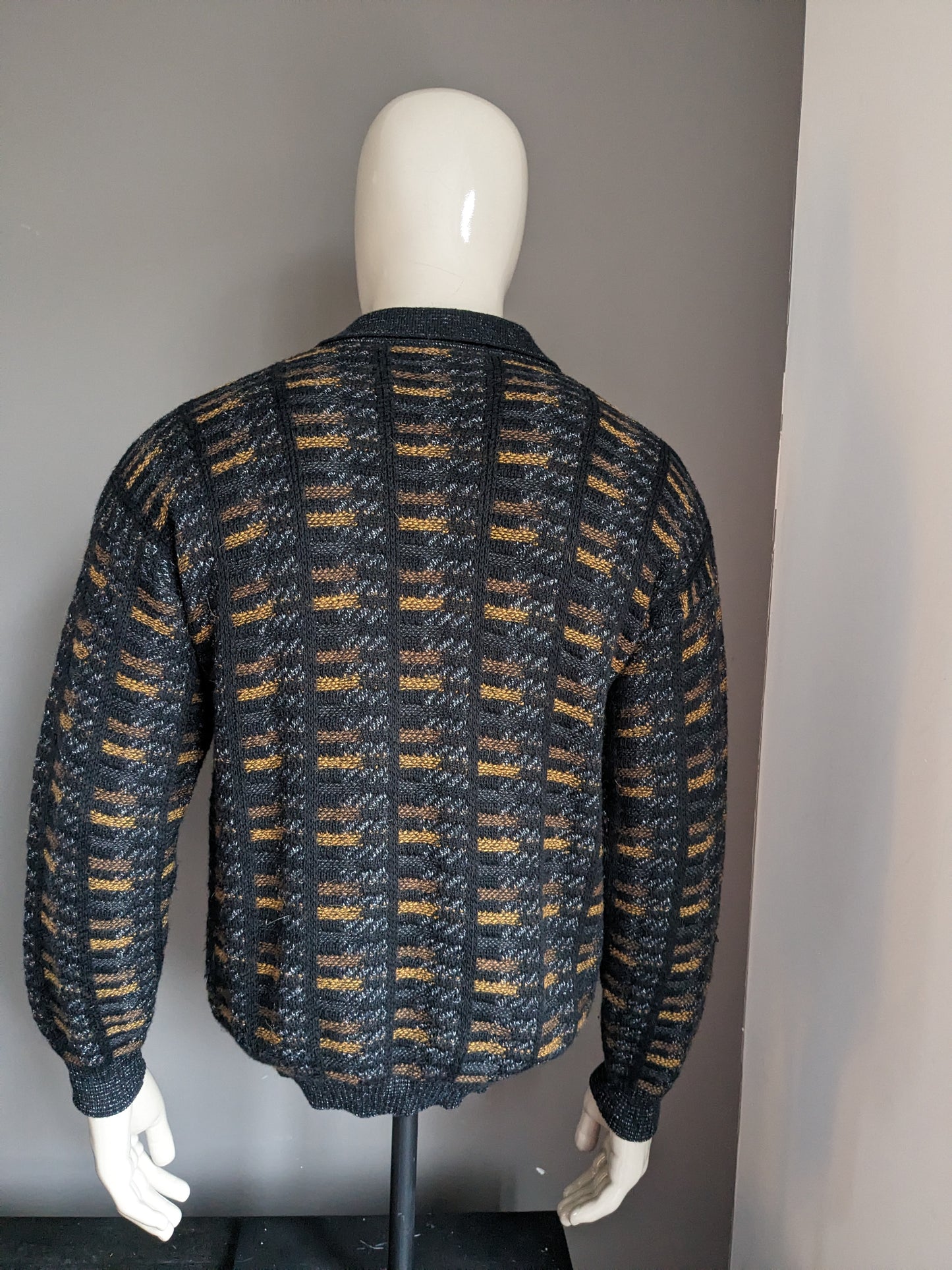 Vintage Monello Wollen polo trui. Zwart Geel Bruin gekleurd. Maat L. 55% Wol.