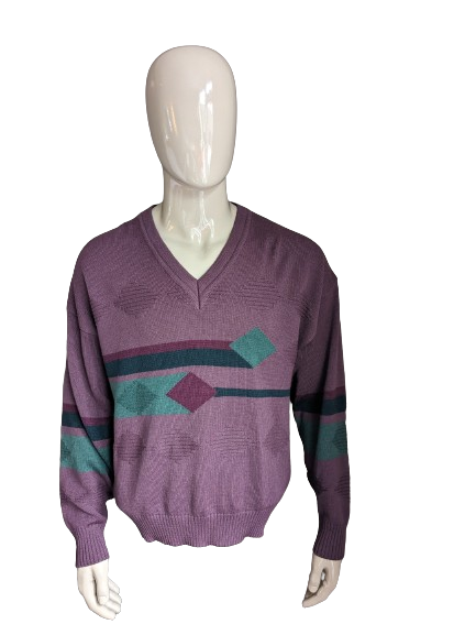 Maglione di lana soleggiato vintage con scollo a V. Violo verde viola. Taglia XL. 50% lana.
