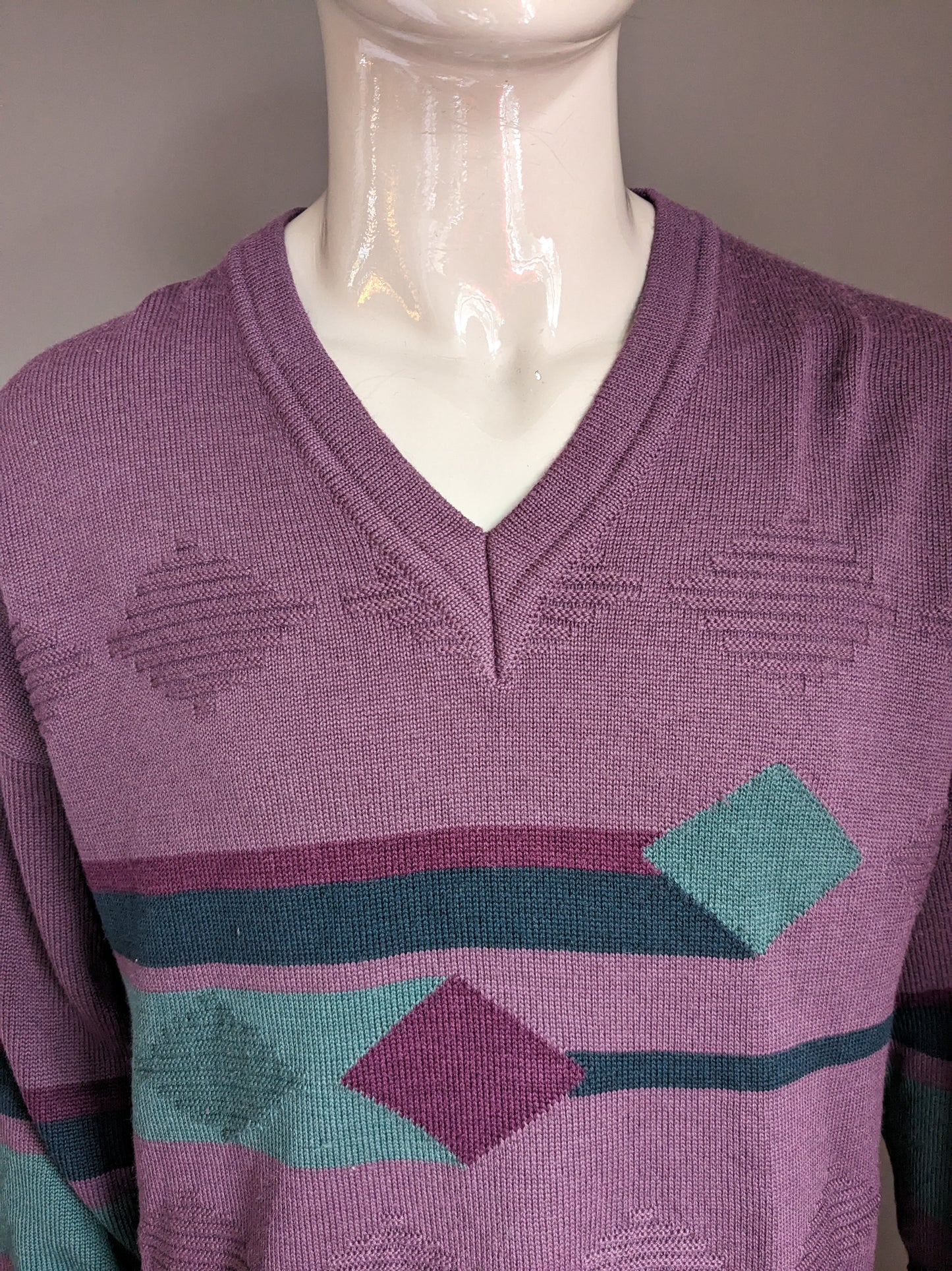 Pull en laine ensoleillé vintage avec col en V. Couleur verte violet. Taille xl. 50% de laine.