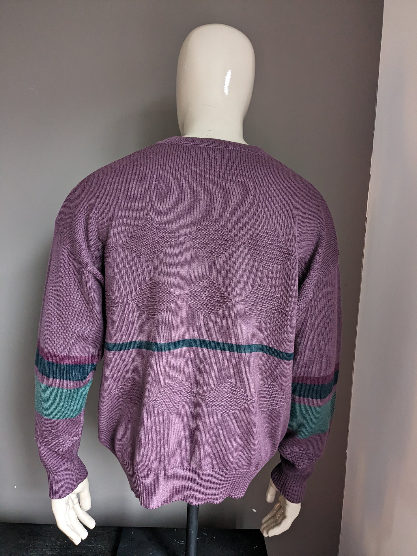 Suéter vintage soleado de lana con cuello en V. Color verde púrpura. Tamaño xl. 50% de lana.