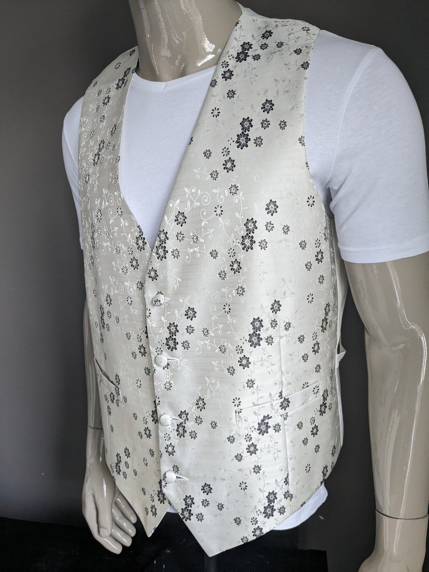 Heirloom waistcoat. Gray White Black floral. Size XL.