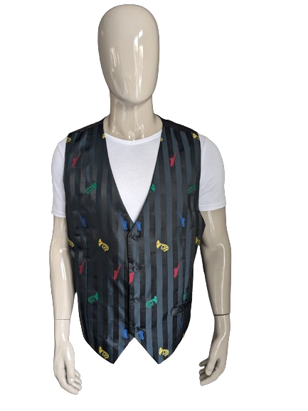 Mohair waistcoat. Black shiny striped with colored instruments print. Size XL.