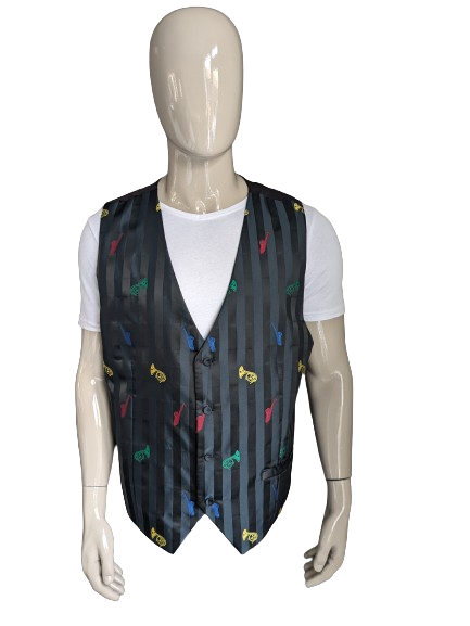 Mohair Gilet. Zwart glanzend gestreept met gekleurde instrumenten print. Maat XL.