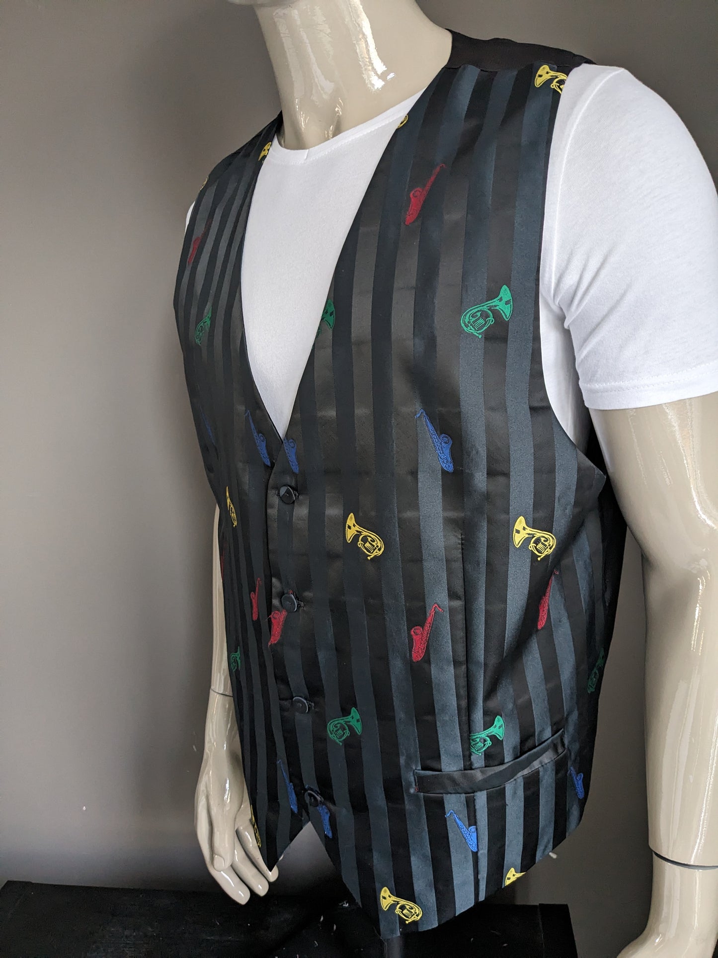 Mohair waistcoat. Black shiny striped with colored instruments print. Size XL.