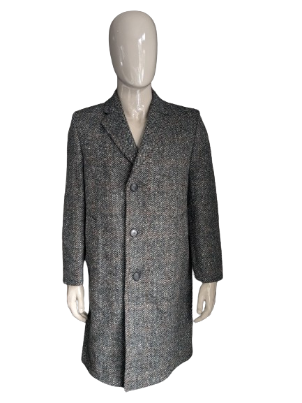Dunn & Co 100% Wollen jas / mantel. Zwart Wit Gekleurd visgraat motief. Maat 52 / L.