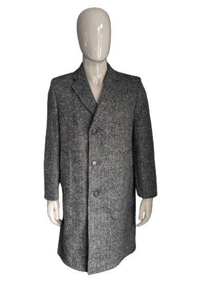 Dunn & Co 100% Wollen jas / mantel. Zwart Wit Gekleurd visgraat motief. Maat 52 / L.