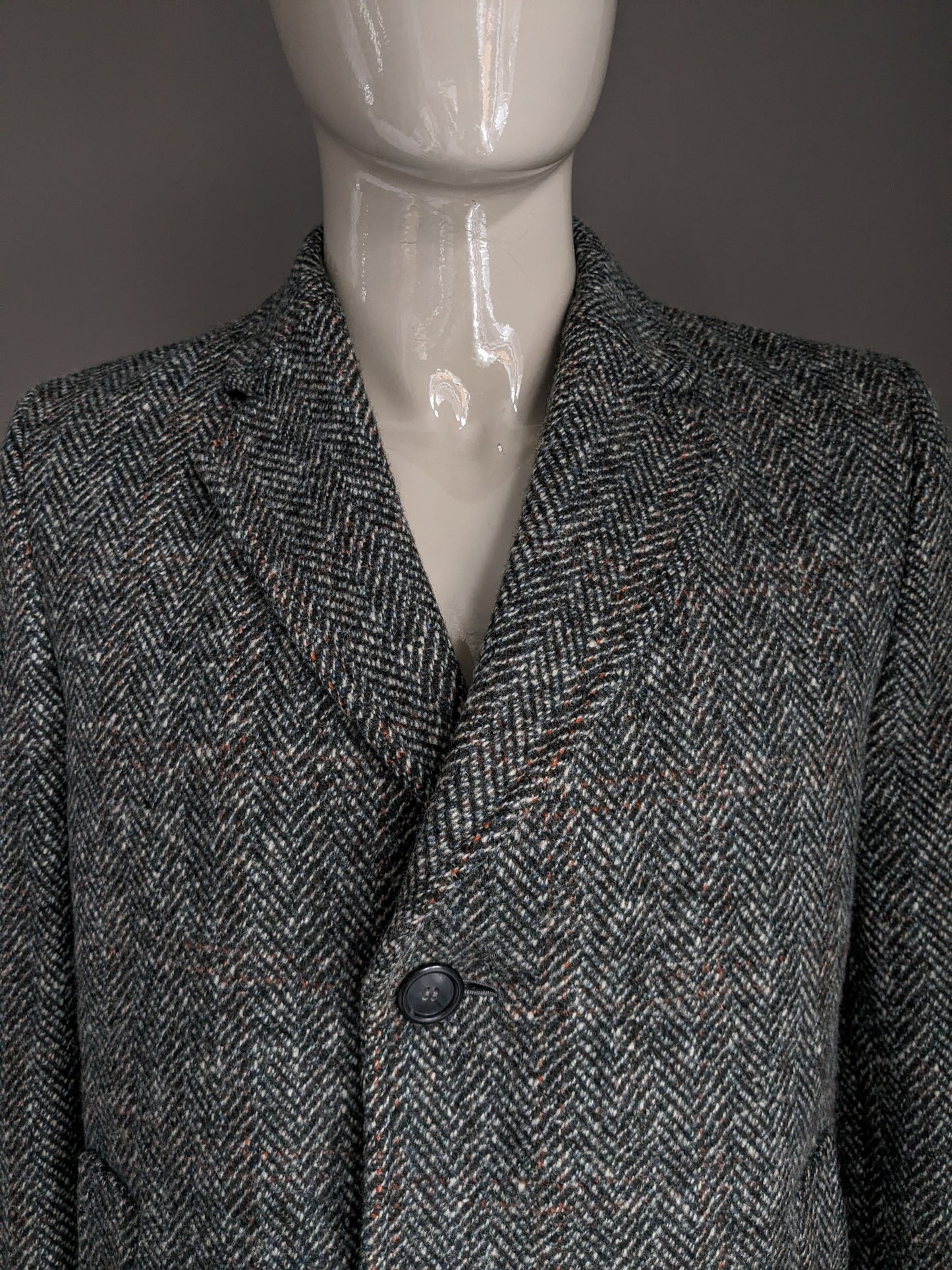 Dunn & Co 100% Wollen jas / mantel. Zwart Wit Gekleurd visgraat motief. Maat 52 / L.