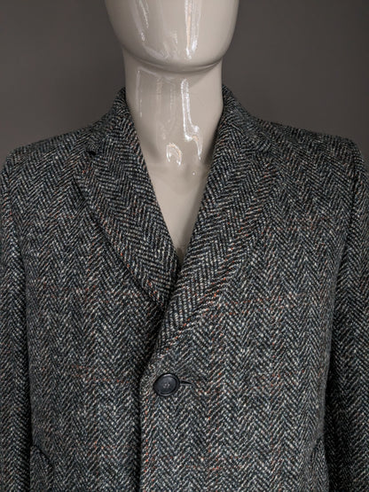 Dunn & Co 100% Wollen jas / mantel. Zwart Wit Gekleurd visgraat motief. Maat 52 / L.