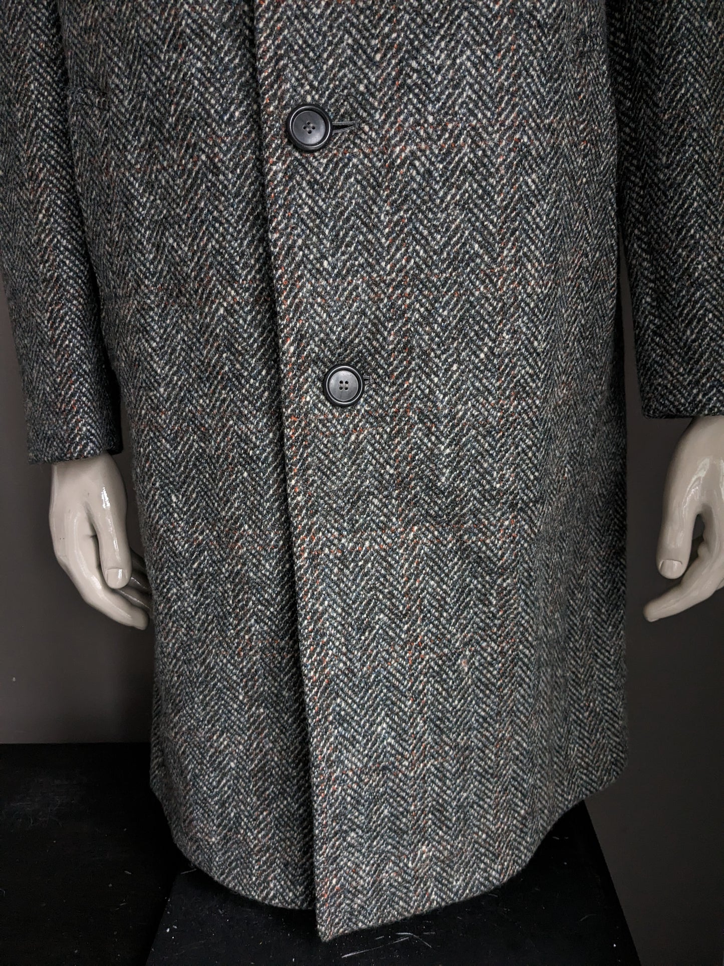 Dunn & Co 100% Wollen jas / mantel. Zwart Wit Gekleurd visgraat motief. Maat 52 / L.