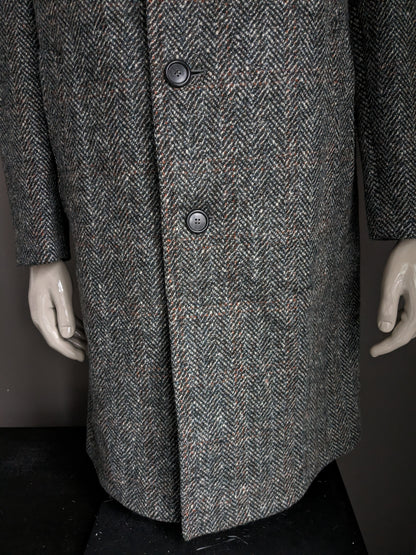 Dunn & Co 100% Wollen jas / mantel. Zwart Wit Gekleurd visgraat motief. Maat 52 / L.