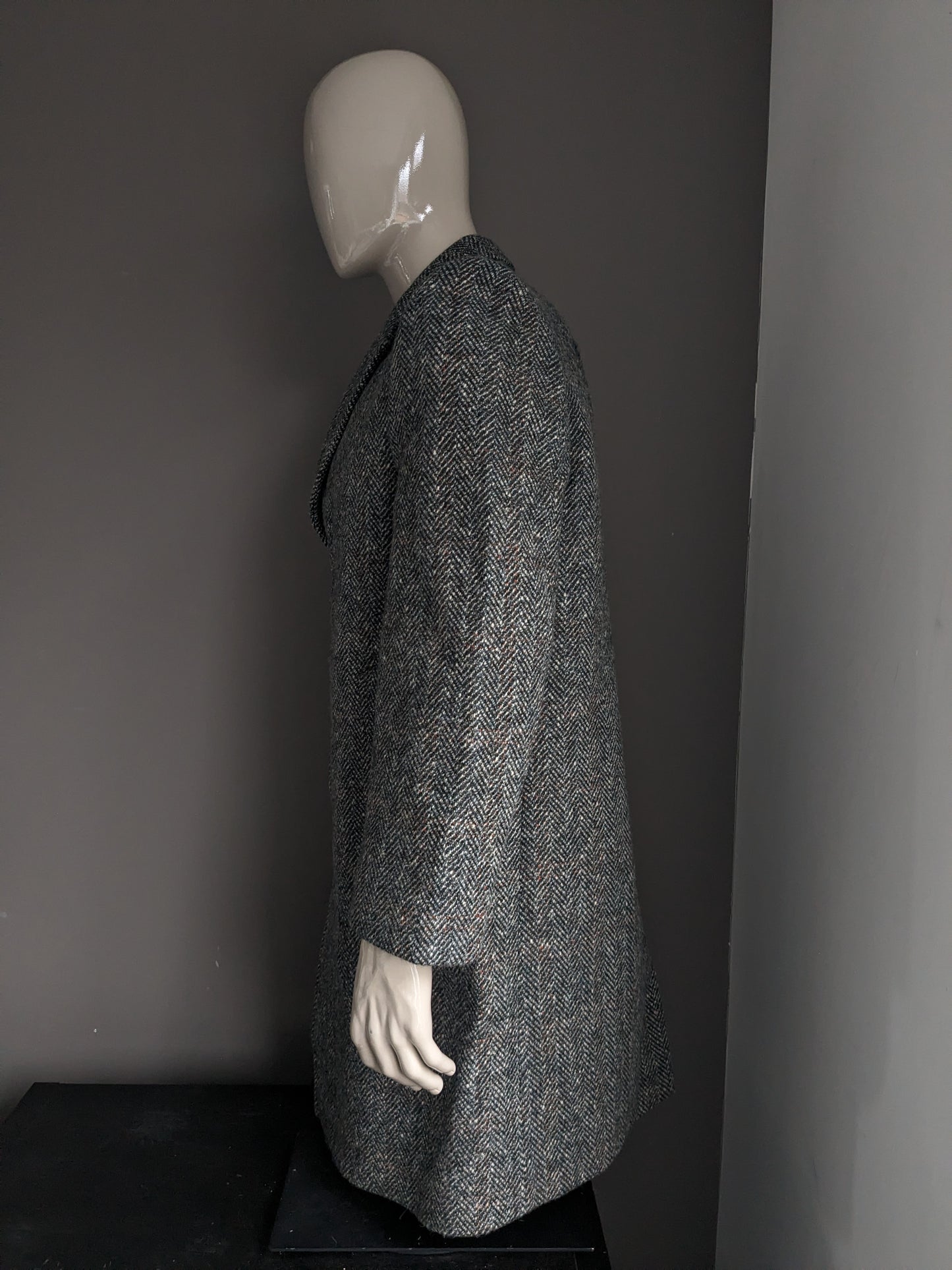 Dunn & Co 100% Wollen jas / mantel. Zwart Wit Gekleurd visgraat motief. Maat 52 / L.