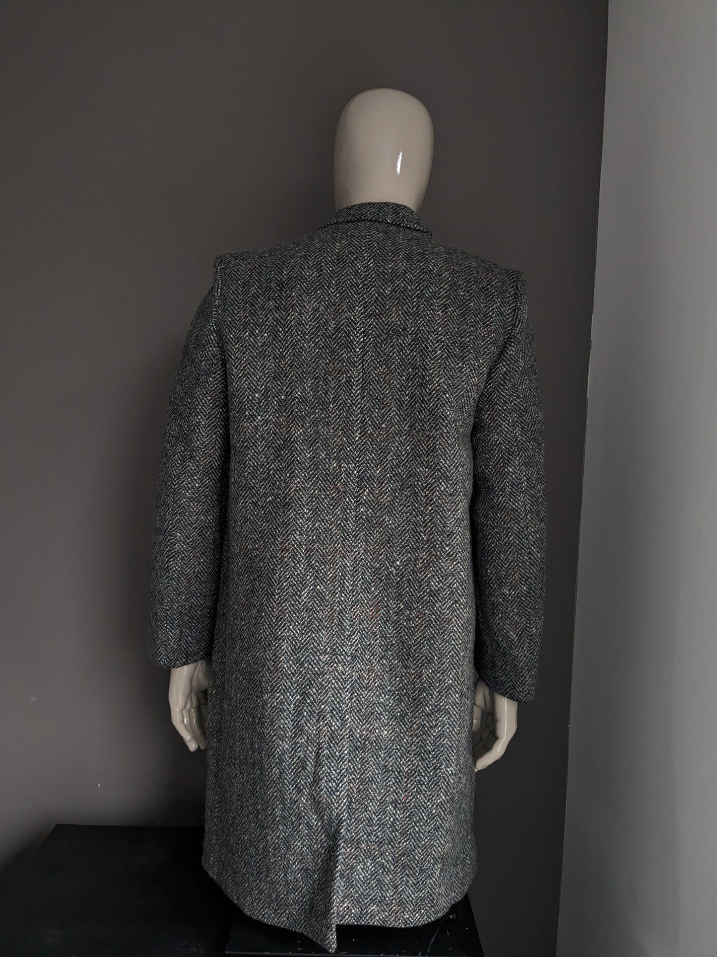 Dunn & Co 100% Wollen jas / mantel. Zwart Wit Gekleurd visgraat motief. Maat 52 / L.